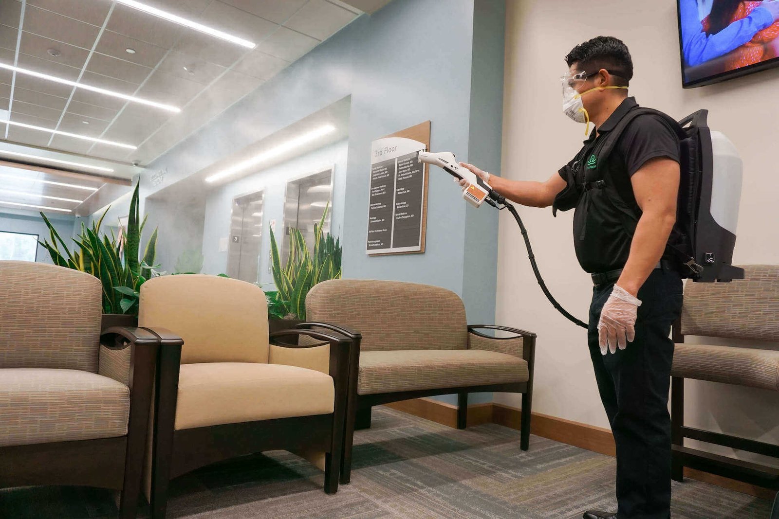Electrostatic disinfection sprayer lobby waiting room Bay Area